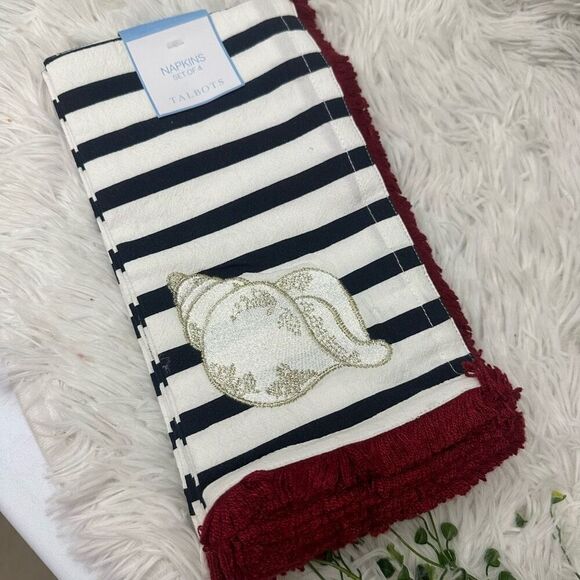 Talbots 4 Piece Napkins - Striped Blue & Red Fringes with Embroidered Shell Prin - Picture 7 of 7